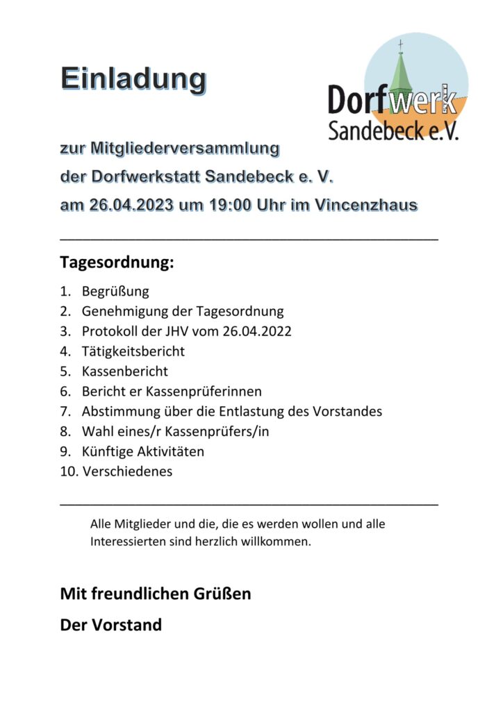 Dieses Bild enthält die Einladung zur Jahreshauptversammlung der Dorfwerkstatt Sandebeck inklusive Tagesordnung